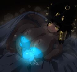 absurd_res animal_ears animal_humanoid anthro areola balls bed_sheet bedding biped bodily_fluids breasts ear_piercing ear_ring eyelashes futanari genitals gynomorph heart_symbol hi_res humanoid intersex looking_at_viewer lying mistpirit mouth_closed nipples on_side penis piercing pupils ring_piercing smile solo sweat thick_thighs