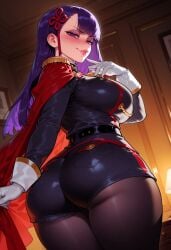 1girls ai_generated ass ass_focus balecxi bangs belt black_jacket black_pantyhose black_shorts blunt_bangs blush breasts cape chained_soldier clothing curvaceous curvaceous_female curvaceous_figure curvy curvy_figure epaulettes female female_focus female_only from_behind gloves hair_ornament hair_ribbon huge_ass indoors inviting inviting_to_sex jacket large_breasts legwear lips long_hair long_sleeves looking_at_viewer looking_back makeup mato_seihei_no_slave naughty_face pantyhose pantyhose_under_shorts pink_lips presenting presenting_ass presenting_breasts presenting_hindquarters presenting_self purple_eyes purple_hair red_cape ribbon seductive seductive_look seductive_smile short_shorts shorts smile solo thick_thighs thighs twisted_torso underbutt uniform voluptuous voluptuous_female white_gloves yamashiro_ren