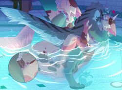 anthro beak bodily_fluids breath calico_cat cheek_tuft chevron_(marking) claws close-up clothing countershading cream_(strawberryoverlord) detailed_background digitigrade dinosaur discarded_clothing domestic_cat dromaeosaurid drooling duo eyewear eyewear_only facial_tuft feathered_tail feathers felid feline felis female fin fish_tail fur gill_fisting gill_play gills glasses glasses_only grey_body grey_feathers head_tilted_back horn luft_(luftraptor) male male/female mammal markings multicolored_body multicolored_fur nude open_mouth panting partially_submerged penetration penile penile_penetration penis_in_vagina plantigrade pool prehistoric_species reptile saliva saurischian scalie scruffing sex_in_water strangling strawberryoverlord tail tears teeth theropod tile tuft unicorn_horn vaginal_penetration water watermark wearing_glasses yellow_sclera