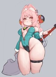 1girls ahoge animal_ear_fluff breasts cameltoe cropped_legs detached_sleeves female hair_ornament highleg_leotard holding_sword huge_weapon inner_sideboob leotard medium_breasts no_bra okgaki pink_hair rabbit_ears rabbit_girl red_eyes sagging_breasts shortstack single_braid skindentation solo sword thick_thighs thigh_strap weapon_behind_back wide_hips zenless_zone_zero zhao_(zenless_zone_zero)