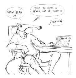 anteater anthro bluesky_(social_media) chair comic computer dialogue electronics erection furniture genitals grivaire grivaire_(character) half_naked hi_res imminent_masturbation male mammal nude on penis pilosan sitting solo xenarthran