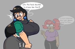 2026 2026s 2girls art_gift big_breasts black_hair black_pants blue_earrings breasts breasts_bigger_than_head character_in_background curvaceous curvy curvy_body curvy_female curvy_figure different_breast_sizes digital_drawing_(artwork) digital_media_(artwork) earrings english_text female female_focus glasses glossy glossy_hair gray_background grey_background hourglass_figure hourglass_figured_female huge_breasts jpg light-skinned_female light_skin more_at_source no_background part_of_a_set porky_draws purple_shirt rectangular_glasses red_hair rosa_gonzalez rosebuds_(comic) shiny shiny_clothes shiny_skin simple_background suprdee sweatpants tan-skinned_female tan_body tan_skin tanned text text_bubble thick_thighs twitter_link voluptuous voluptuous_female wide_hips