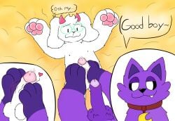 absurd_res anthro balls bed bed_sheet bedding bodily_fluids bovid caprine catnap_(poppy_playtime) collar critters_(poppy_playtime) deltarune dominant dominant_male duo eyewear feet felid feline fluffy foot_fetish foot_play footjob furniture genital_fluids genitals glasses goat good_boy heart_symbol hi_res horn looking_at_another looking_at_partner lying male male/male mammal miauyeah mob_entertainment no_humans nude on_back on_bed pawpads paws penis poppy_playtime precum presenting ralsei sex smiling_critters smug speech_bubble submissive submissive_male teeth thought_bubble undertale_(series)