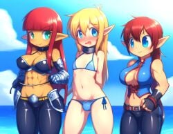 1boy 2girls 2girls1boy ai_generated androgynous bikini bulge chains crossdressing dominant_female elf enslaved_royal femboy femdom forced half_naked humiliated humiliation male_sub sissy slave slave_bikini tagme