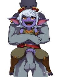 1boy blue_skin blush clothed_sex cum cum_in_pussy female happy happy_sex highres hug_from_behind kollerss large_penis league_of_legends maiz-ken midriff navel no_panties penis pointy_ears pussy sex smile straight testicles torn_pants tristana uncensored vaginal_penetration white_hair yellow_eyes yordle