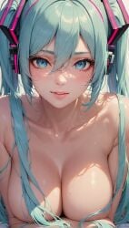 1girls ai ai_generated breasts close-up female female_only hatsune_miku headphones looking_at_viewer naked naked_female nude nude_female quinzo11 self_upload turquoise_eyes turquoise_hair twintails vocaloid white_background