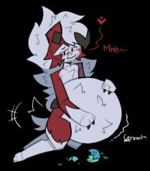 anthro belly_inflation blimpfruit blush chest_tuft drooling folded_ears hand_on_belly heart inflation lnhalerichard looking_at_belly lycanroc motion_lines onomatopoeia pokemon stomach_noises wagging_tail