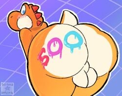 2023 anthro ass balls bent_over big_butt blue_eyes blush blush_lines body_writing digital_media_(artwork) dinosaur genitals looking_at_butt looking_at_own_butt looking_back male mario_(series) milestone milestone_celebration multicolored_body multicolored_scales nintendo orange_body orange_nose orange_scales orange_tail orange_yoshi prehistoric_species reptile scales scalie solo sushiamazing tail thick_thighs two_tone_body two_tone_scales two_tone_tail white_body white_scales white_tail writing_on_butt yoshi