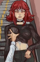 annoyed annoyed_expression belly_button big_breasts breast_grab breast_squish character_request choker disgusted long_sleeves looking_at_viewer mossa mossacannibalis red_hair slim_waist squished_breasts teenager top unknown_character yellow_eyes