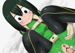 1boy 1boy1girl 1girls :> bar_censor beige_gloves black_eyes black_legwear blush bodysuit boots breasts censored clitoris closed_mouth erection female gloves green_hair hair_between_eyes hero_outfit_(mha) leg_lift looking_at_another lying male_pubic_hair medium_breasts meronshiroppu missionary my_hero_academia on_back open_clothing penis pointless_censoring pubic_hair pussy ripped_clothing skin_tight solo_focus straight thighhighs torn_bodysuit torn_clothes tsuyu_asui vaginal_penetration