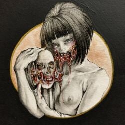 black_eyes black_hair bleeding blood breasts commentary_request female guro highres holding holding_skull injury looking_at_viewer meimaro nipples nude original painting_(medium) pale_skin short_hair skull small_breasts solo surreal teeth traditional_media upper_body