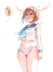 antlers bare_belly bare_legs bare_thighs belly_button brown_hair deer drooling green_eyes horns long_sleeves machulanko no_skirt open_mouth panties saliva school_uniform shikanoko_noko shikanoko_nokonoko_koshitantan short_hair thighs white_panties