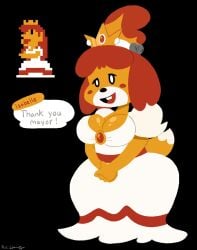 1girls animal_crossing anthro anthro_only big_breasts breasts clothed crossover female furry furry_female furry_only imrachets_(artist) isabelle_(animal_crossing) mario_(series) nintendo princess_peach_(cosplay) reference_image tagme