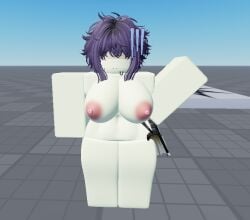 artist_request female_focus female_only frowning nude_female oka_ruto pale-skinned_female pale_skin purple_hair roblox roblox_studio robloxian solo_female sweating tits waving yandere_simulator