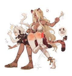 2girls afk_arena afk_journey animal_ears antandra blonde_hair blush blush dark-skinned_female light-skinned_female mikola_(afk_journey) mostly_clothed spank_marks spanked_butt spanking spanking_ass tagme tail tail_grab white_hair yellow_hair