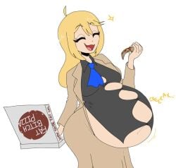 1girls bloated_belly button_gap color eating eating_food fat fat_belly fat_female female female_focus female_only happy nyanilla_ smile solo stretched_clothing tagme weight_gain wide_smile