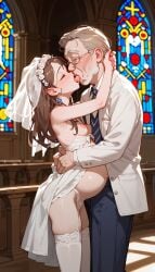 ai_generated blue_eyes brown_hair elderly_male french_kiss french_kissing happy husband husband_and_wife kissing kissing long_hair older_male pregnant pregnant_female pussy small_breasts smaller_female wedding wedding_dress wife wife_and_husband