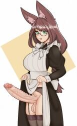 1futa animal_ears ater18 balls big_breasts bottomless breasts brown_hair clothed clothing erection futa_only futanari glasses huge_balls huge_breasts huge_cock humanoid humanoid_penis kemonomimi light-skinned_futanari light_skin long_hair maid maid_bikini maid_outfit mostly_clothed penis solo standing thighhighs