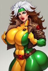 1girls abs ai_generated ass belt big_ass big_breasts big_butt brown_hair busty gloves green_eyes huge_ass hyper_hourglass jacket lips lipstick long_hair lustylewdz marvel marvel_comics more_at_source multicolored_hair rogue_(x-men) skin_tight smile solo solo_female southern standing superheroine thick uniform white_hair x-men:_the_animated_series