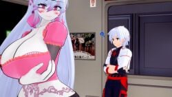 bell_nova big_breasts black_shirt breasts_bigger_than_head canon_couple fnf fnf_mod fnf_mods friday_night_funkin friday_night_funkin_mod infini-verse kette_chrioka_(helixdemise) necklace pink_eyes pink_shirt white_clothing white_hair