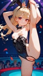 ai_generated anus armpits blonde_hair bunny_ears bunny_girl bunnysuit fishnet_pantyhose happy long_hair pilon pussy red_eyes small_breasts smaller_female striptease