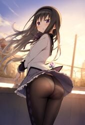 ai_generated akemi_homura artist_logo ass ass ass_focus back_view big_ass big_butt black_hair butt_focus hi_res long_hair looking_back madoka_worship magical_girl magical_girl_outfit mahou_shoujo_madoka_magica miniskirt pantyhose puella_magi_madoka_magica purple_eyes skirt_lift straight_hair thick_ass wide_hips