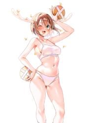 antlers armpits ass_visible_through_thighs bare_arms bare_belly bare_legs bare_shoulders bare_thighs belly_button blush breasts brown_hair cleavage collarbone color deer female female_only fully_clothed green_eyes groin hip_bones horns machulanko medium_breasts one_eye_closed open_mouth panties revealing_clothes shikanoko_noko shikanoko_nokonoko_koshitantan short_hair sideboob smile sports_bra thighs underwear white_panties white_sports_bra white_underwear wink