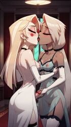 1futa ai_generated bare_breasts blonde_hair blush bridal_gauntlets butt charlie_morningstar_(hazbin_hotel) choker closed_eyes colored_skin dark_skin deep_kiss deep_kissing detached_sleeves earrings female futa_with_female futanari gehenna_fusion(model) hairbow handjob handjob_while_kissing hazbin_hotel holding_waist hotel indoors kissing lesbian_kiss long_hair marusame masturbation nipples penis pubic_hair pussy see-through_clothing see-through_dress shiny_skin stable_diffusion thighhighs vaggie_(hazbin_hotel) white_skin yuri