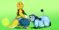 all_fours ambiguous_gender anthro blush bovine charmander cheek_bulge closed_eyes clothed clothing cum cum_in_mouth cum_inside dripping duo embarrassed erection fellatio flaming_tail fully_clothed looking_back male male/ambiguous mammal miltank motion_lines nintendo oral oral_penetration overalls overweight pants_down partially_clothed penetration penis pokémon_(species) pokemon satsui-n0-had0u sex shadow shiny_charmander shiny_miltank shiny_pokémon shiny_pokemon standing teats udders vein veiny_penis video_games