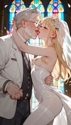 ai_generated blonde_hair elderly_male french_kiss french_kissing green_eyes happy husband husband_and_wife kissing kissing long_hair older_male pussy small_breasts smaller_female wedding wedding_dress wife wife_and_husband