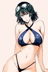 1girls bare_arms bare_legs bare_shoulders bare_thighs big_breasts bikini bikini_bottom bikini_top blush cleavage clothed clothing color fat_breasts female female_focus female_only flat_belly fubuki_(one-punch_man) green_eyes green_hair hi_res large_breasts light-skinned_female light_skin looking_at_viewer mostlybluewyatt one-punch_man short_hair smile solo solo_female sunglasses_on_head tagme thick_thighs