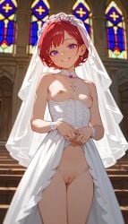 ai_generated happy purple_eyes pussy red_hair short_hair small_breasts smaller_female wedding wedding_dress wife