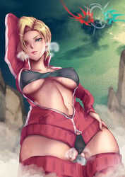 android_18 arm_behind_head arm_up ass_visible_through_thighs aura blonde_hair breasts cameltoe cleavage covered_nipples dragon_ball dragon_ball_super female hair_over_one_eye highres jacket karei_(zeroseed) looking_at_viewer navel panties pants_down smile solo sports_bra steaming_body stomach sweat thigh_gap track_jacket track_suit underboob underwear unzipped