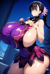 1girls ai_generated big_breasts black_hair blue_eyes breasts_bigger_than_head breasts_bigger_than_torso bursting_breasts cattleya cleavage exposed_shoulders female gigantic_breasts huge_breasts large_breasts light-skinned_female light_skin long_hair massive_breasts minmin queen's_blade sideboob solo thick_thighs white_armwear