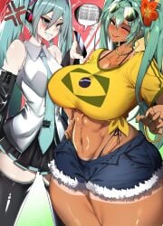 2girls ass big_ass big_breasts big_thighs blush brazil brazilian brazilian_female brazilian_miku breast_size_difference breasts butt cyan_eyes cyan_hair female female_focus female_only gigantic_ass gigantic_breasts gigantic_thighs hatsune_miku huge_ass huge_breasts huge_thighs kantan latin_american_hatsune_miku_(meme) light-skinned_female long_hair looking_at_viewer shirt shorts solo sweat sweatdrop sweating tagme tan tan_body thick_hips thick_thighs thighs thong twintails vocaloid yellow_shirt