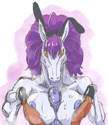 1boy 1futa animal_genitalia animal_penis anthro areolae autopaizuri breasts bunnysuit cum dragon_quest dragon_quest_v equine equine_penis erect_nipples erection furry futa_sans_pussy futanari horse horse_humanoid horsecock huge_breasts intersex kon_the_knight large_breasts male male_on_futa namamoku nipples paizuri penis precum purple_eyes rule_63 solo solo_futa titfuck uncensored