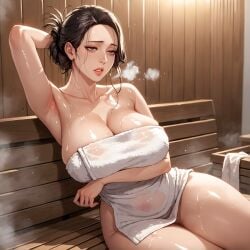 1girls ai_generated alex-schura ami_ahn_(queen_bee) arm_behind_head arm_under_breasts armpits bare_shoulders bathing black_hair blush breast_hold breasts brown_hair censored clavicle cleavage covering curvaceous curvaceous_female curvaceous_figure curvy curvy_figure female female female_focus female_only grey_eyes hair_bun huge_breasts inviting inviting_to_sex landlord's_little_daughter large_breasts lips looking_at_viewer mature mature_female milf mosaic_censoring mrs._ahn naked_towel onsen parted_lips presenting presenting_anus presenting_ass presenting_breasts presenting_hindquarters presenting_pussy queen_bee_(manhwa) red_lips sauna seductive seductive_look seductive_smile shiny shiny_skin sitting solo steam sweat thick_thighs thighs towel voluptuous voluptuous_female water wet wooden_floor wooden_wall