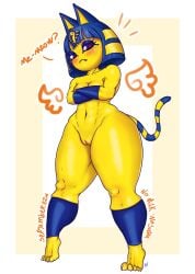 absurd_res animal_crossing ankha ankha_(animal_crossing) anthro blue_clothing blue_eyes blue_eyeshadow blue_hair blue_legwear blush blush_lines bottom_heavy breasts clothing crossed_arms dialogue digitigrade domestic_cat egyptian egyptian_clothing egyptian_headdress eyelashes eyeshadow felid feline felis female fur genitals hair hi_res kilih188 legwear looking_at_viewer makeup mammal markings navel nintendo nude pussy short_hair simple_background skindentation small_breasts solo striped_markings striped_tail stripes tail tail_markings tan_background text thick_thighs white_background wide_hips yellow_body yellow_fur