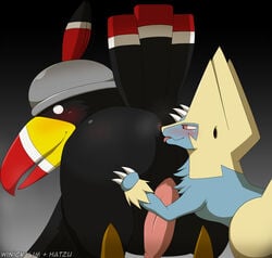 2017 animal_genitalia animal_penis anus armor ass avian beak big_butt bird black_feathers blue_fur blush butt_sniffing canine claws collaboration dodo_(mario) duo feathers feral fur genital_slit gradient_background hatzu helmet hi_res looking_back male mammal manectric mario_(series) nintendo nose_to_anus penis pokemon rear_view red_eyes simple_background size_difference slit sniffing super_mario_rpg tail_feathers tongue tongue_out video_games white_eyes winick-lim yaoi