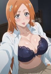 ai_generated big_breasts bleach bleach:_the_thousand-year_blood_war blue_eyes blush blush_lines blushing_at_viewer enormous_breasts inoue_orihime large_legs long_hair looking_at_viewer orange_hair pov xs_torns