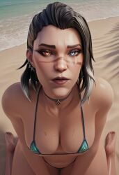 1girls ai_generated beach bikini black_hair collar earrings fade_(valorant) heterochromia looking_at_viewer riot_games scar shiny_skin solo solo_female solo_focus tagme thong thong_bikini two_tone_hair valorant viewed_from_above