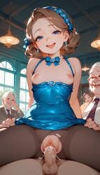 ai_generated anus blue_dress blue_eyes brown_hair cum_in_pussy cum_inside elder elderly_male evening_dress happy old_man pantyhose pussy short_hair small_breasts smaller_female vaginal_penetration