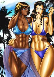 2girls abs arms_up artist_name asami_sato avatar_legends bare_shoulders big_breasts bikini bikini_bottom bikini_top black_hair blue_eyes breasts brown_hair brown_skin busty canon_couple cssp curvy dark-skinned_female dark_skin day detailed_background duo eyeliner eyeshadow female female_only flower front_view hair_flower hair_ornament hairclip hand_on_hip hands_on_hip hands_on_hips hourglass_figure human interracial korra large_breasts long_hair looking_at_viewer makeup midriff multiple_females multiple_girls muscles muscular muscular_female nickelodeon outdoors outside pose posing sarong see-through shiny shiny_skin short_hair standing swimsuit the_avatar the_legend_of_korra tree voluptuous water_tribe wide_hips yuri