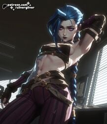 1girls ai_generated arcane arcane_jinx arm_up armpit armpit_fetish armpits barely_clothed blue_hair braided_hair braided_twintails crop_top dark_lips dark_lipstick eyeshadow female fit from_below hair_over_one_eye high_quality high_resolution highres indoors jinx jinx_(arcane) jinx_(league_of_legends) league_of_legends long_hair looking_away low-angle_view medium_breasts navel one_arm_up pale_skin pants pink_eyes posing purple_pants sideboob silvergilver skinny small_breasts solo tattoo tattoos voyeur voyeurism