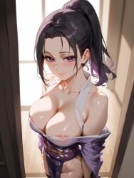 1girl ai_generated areola_slip bangs bare_shoulders black_hair blush breasts brokewyt cleavage closed_mouth collarbone covered_nipples demon_slayer fishnet_pantyhose fishnets forehead from_above hinatsuru_(kimetsu_no_yaiba) indoors japanese_clothes kimetsu_no_yaiba kimono large_breasts long_hair looking_at_viewer mole obi off_shoulder pantyhose pelvic_curtain ponytail purple_eyes purple_hair purple_kimono sash smile solo standing sweat thighs wet