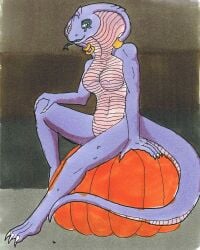 anthro breasts cobra female food fruit hi_res invalid_color invalid_tag nude plant pumpkin reptile scalie sitting snake solo tail tasha_(nyghtmar3) traditional_media_(artwork)