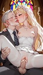 ai_generated big_penis blonde_hair cum cum_in_pussy cum_inside elderly_male french_kiss french_kissing green_eyes happy husband husband_and_wife kissing kissing long_hair older_male pussy sex small_breasts smaller_female wedding wedding_dress wife wife_and_husband