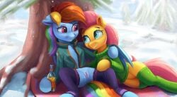 absurd_res bottle clothed clothing coat container drinking duo equid equine female female/female fluttershy_(mlp) footwear foxpit friendship_is_magic genitals hasbro hi_res horse hug mammal my_little_pony nude plant pony pussy rainbow_dash_(mlp) snow socks sweater topwear tree winter