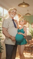 ai_generated blonde_hair elderly_male family green_eyes happy husband husband_and_wife old_man pregnant pregnant_female short_hair small_breasts smaller_female wife wife_and_husband