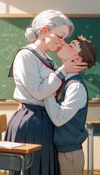 ai_generated elderly_female french_kiss french_kissing granny kissing kissing older_female school_uniform smaller_male teacher teacher_and_student